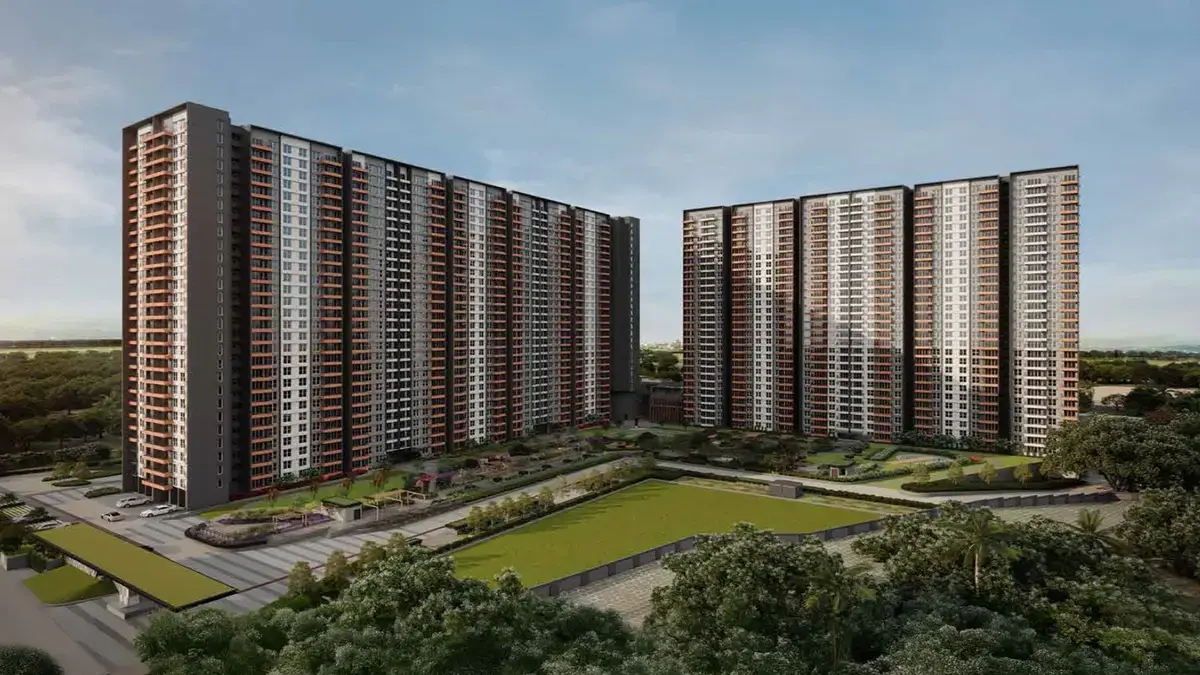 Prestige Varthur Road aerial view of towers and lawn
