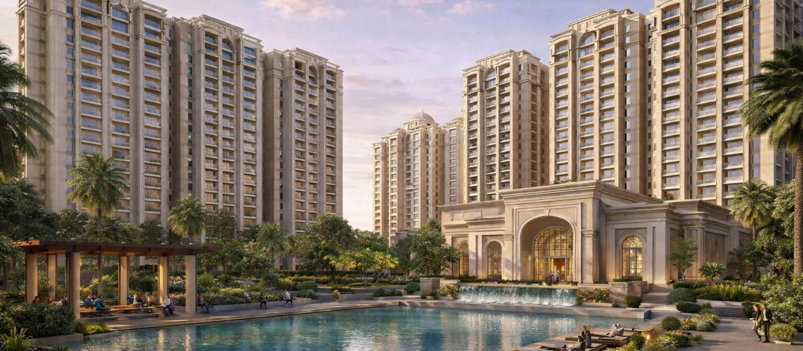 Prestige Varthur Road clubhouse and waterbody with towers