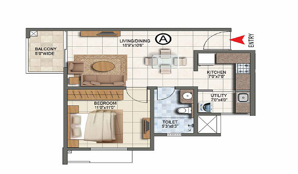 1 BHK, 659 sq.ft. floor plan at Prestige Varthur Road