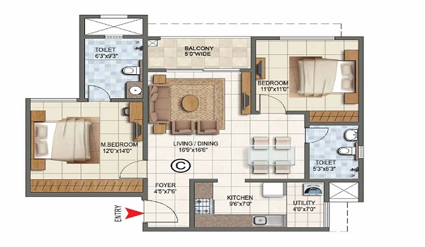 2 BHK, 1,100 – 1,250 sq.ft. floor plan at Prestige Varthur Road