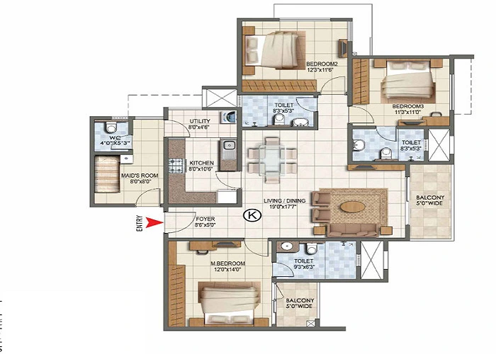 3 BHK, 2,513 sq.ft. floor plan at Prestige Varthur Road