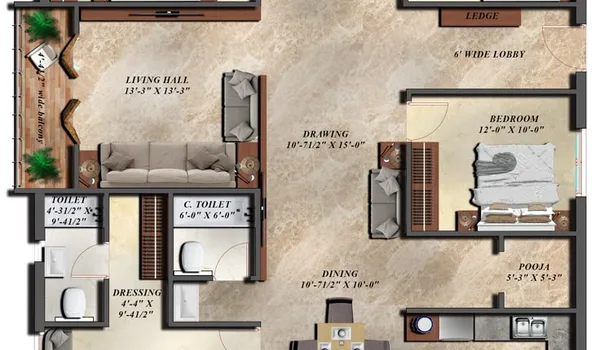 4 BHK, over 2,513 sq.ft. floor plan at Prestige Varthur Road